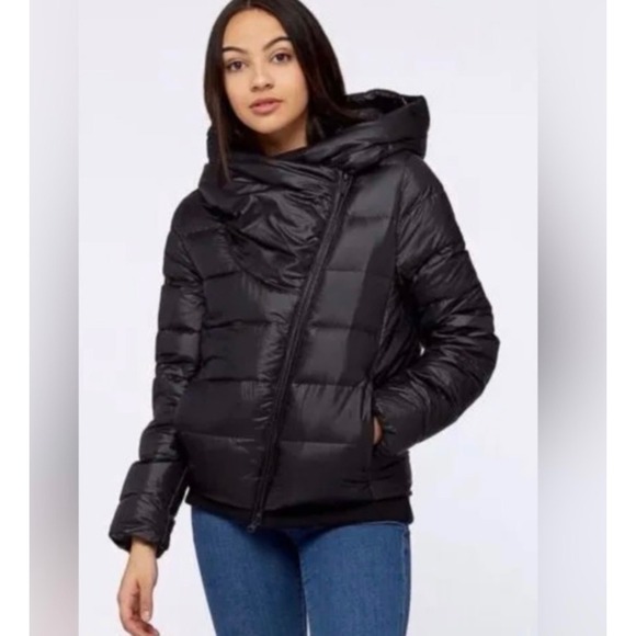 NIKE Hooded Down Puffer Jacket Women's Size Med Asymmetrical Black Winter Coat - Picture 1 of 13